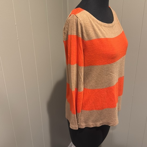 J. Crew rayon/linen blend tan/orange rugby stripe boatneck finely knit sweater. - Picture 2 of 4